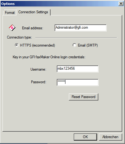 Connection settings of GFI FaxMaker Online client