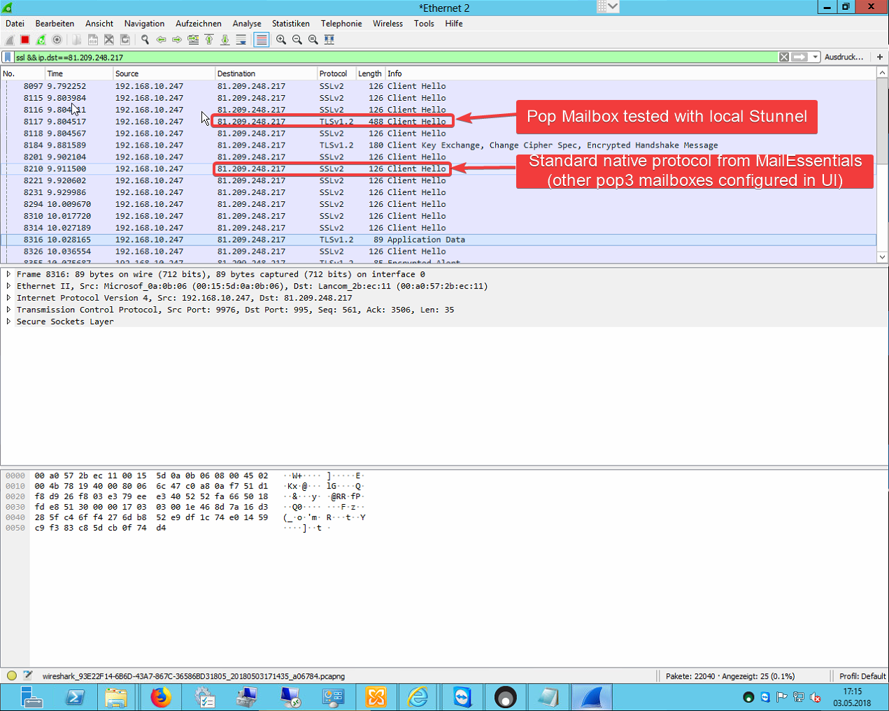 TLS1.2 in Wireshark using stunnel